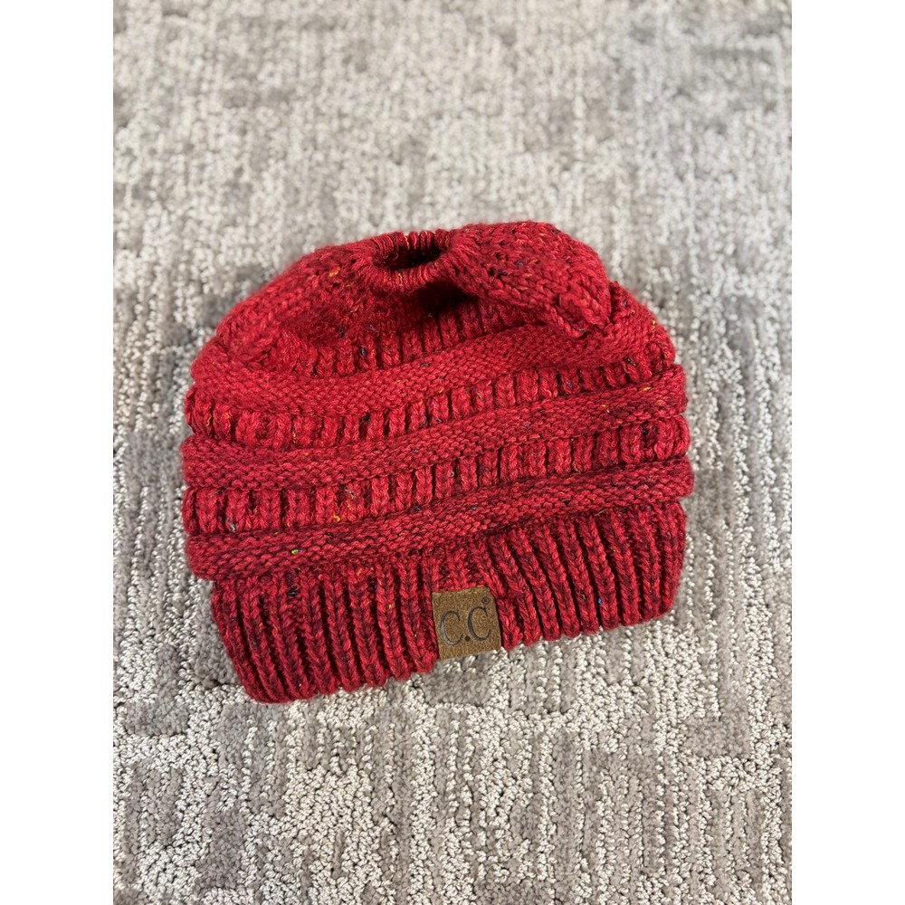 C.C Beanie OS Red Confetti Cable Knit Messy Bun Ponytail Hat
